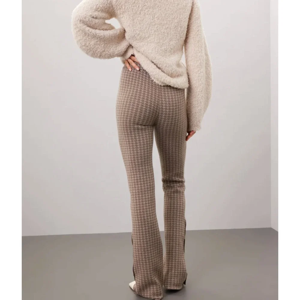 Naadam Beige Cream Houndstooth Flare Pants SMALL Sweater Cashmere Designer $325